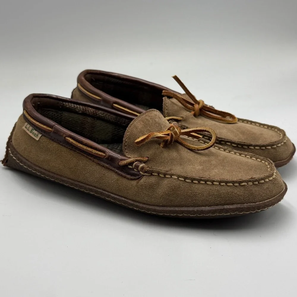 LL Bean‎ Suede Leather Moccasin Handsewn Slippers Flannel Lined Brown Mens 7